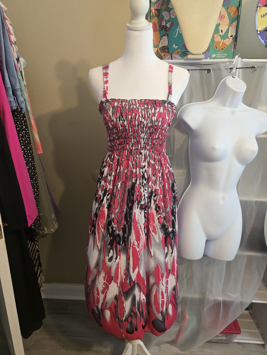 Source Unknown Pink, White & Black Smocked Midi Sundress